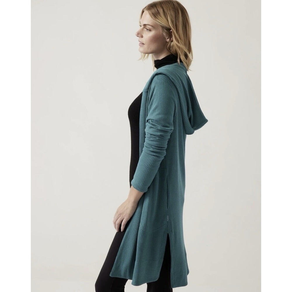 Athleta Hooded Ribbed Harmony Wrap Open Longline Cardigan Borealis Green Sma NWT